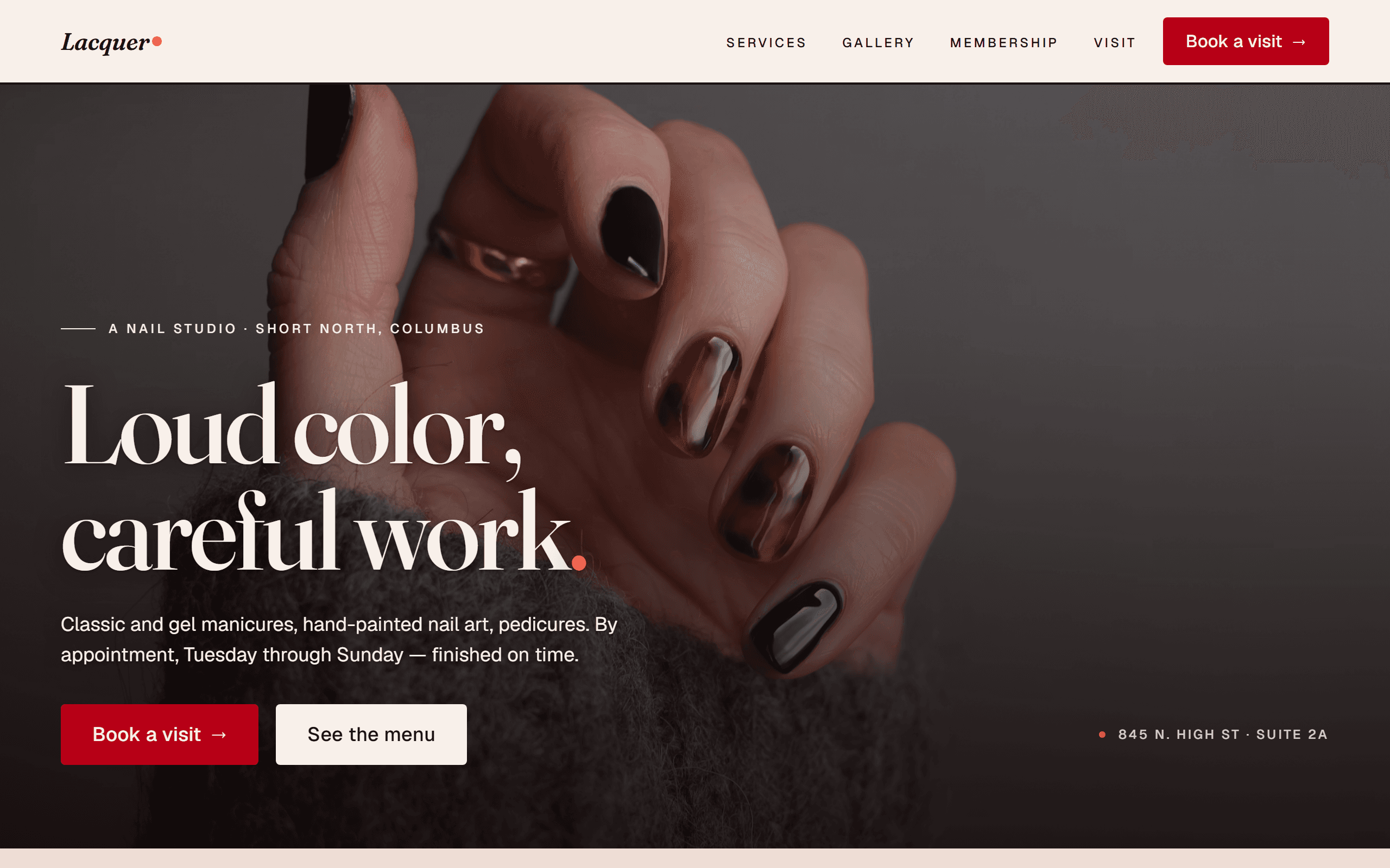 Homepage of Lacquer, a nail studio site with bold editorial typography