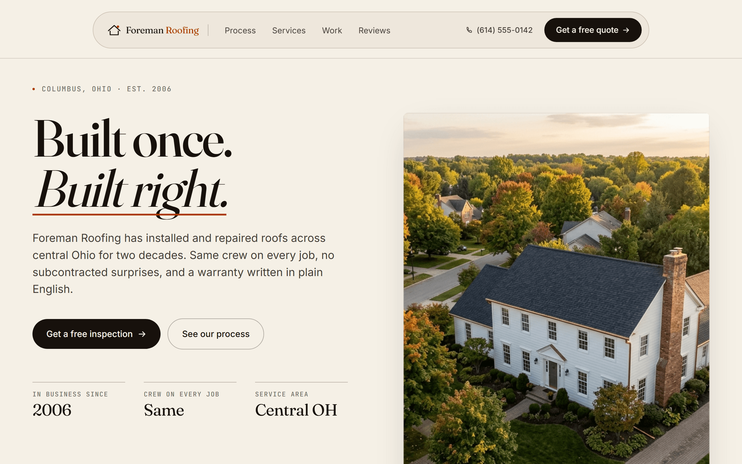 Homepage of Foreman Roofing showing a finished roof and a get-a-quote call to action