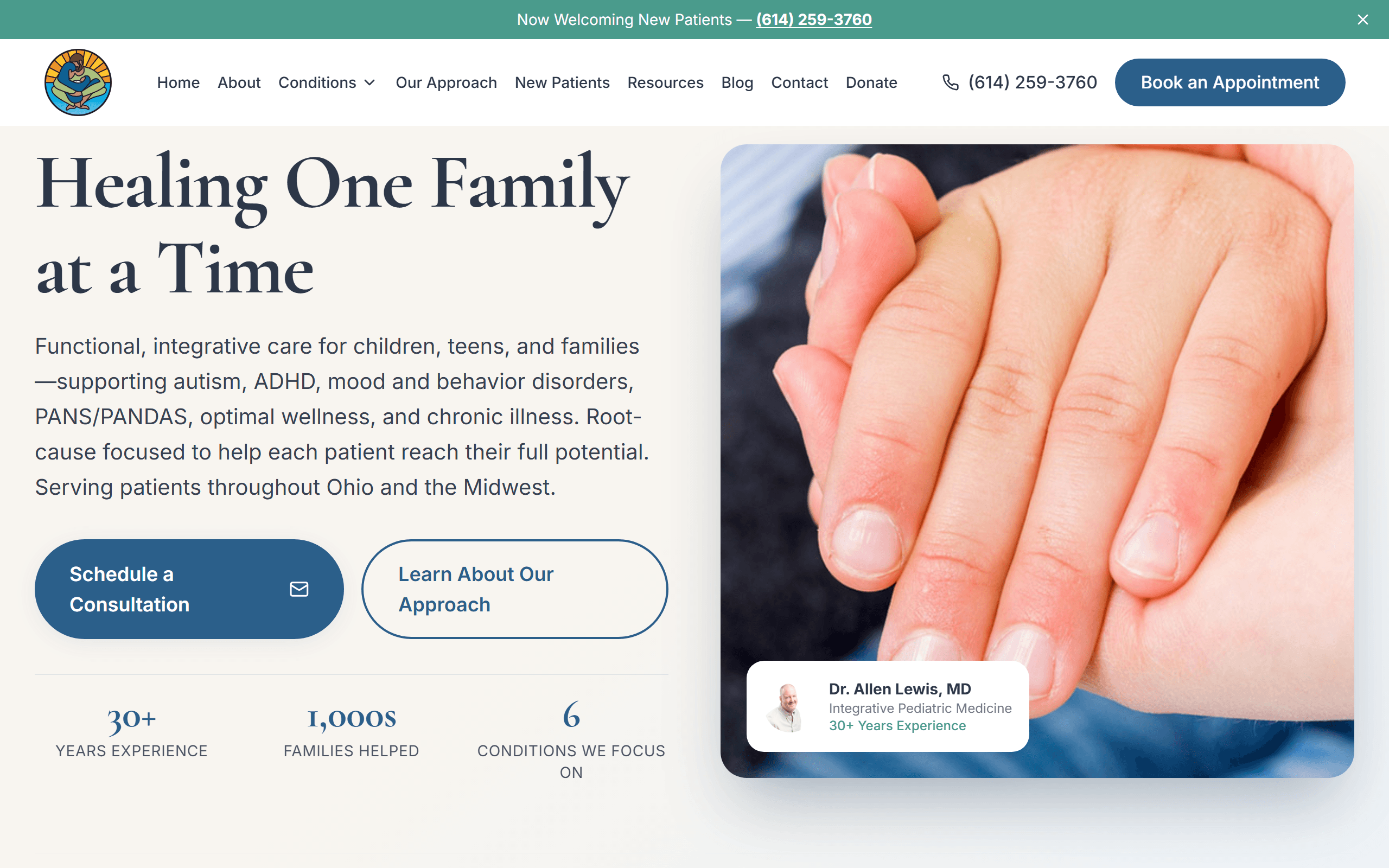 Homepage of Sancta Familia Center, a live integrative pediatric care practice